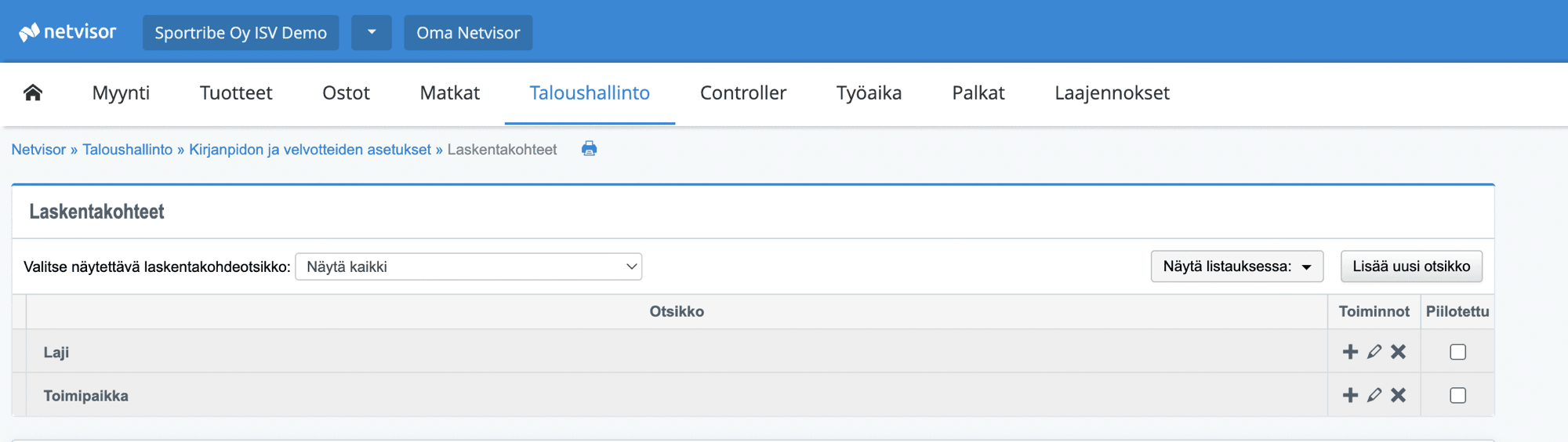 Netvisor cost object headers Laji and Toimipaikka