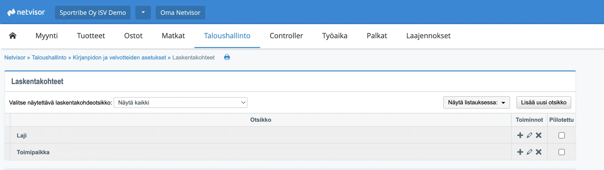 Netvisor cost object headers Laji and Toimipaikka